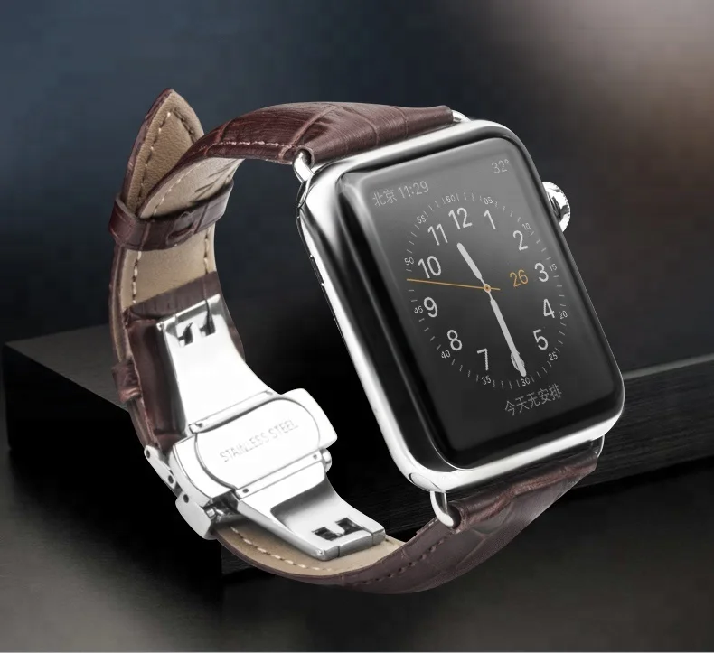 

38mm 42mm butterfly buckle genuine calfskin apple watch band leather, Black/brown/light brown