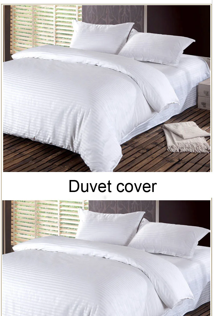 1cm Stripe 300tc White Queen Size Bedcover Set Hotel Bedsheet Bedding