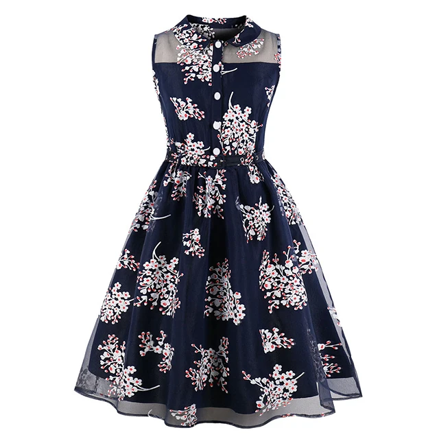 

Wholesale Cute Polka Dot Print Vintage Women Plus Size Mesh Button Summer Pin Up Casual Belted Retro Party Bodycon Dress