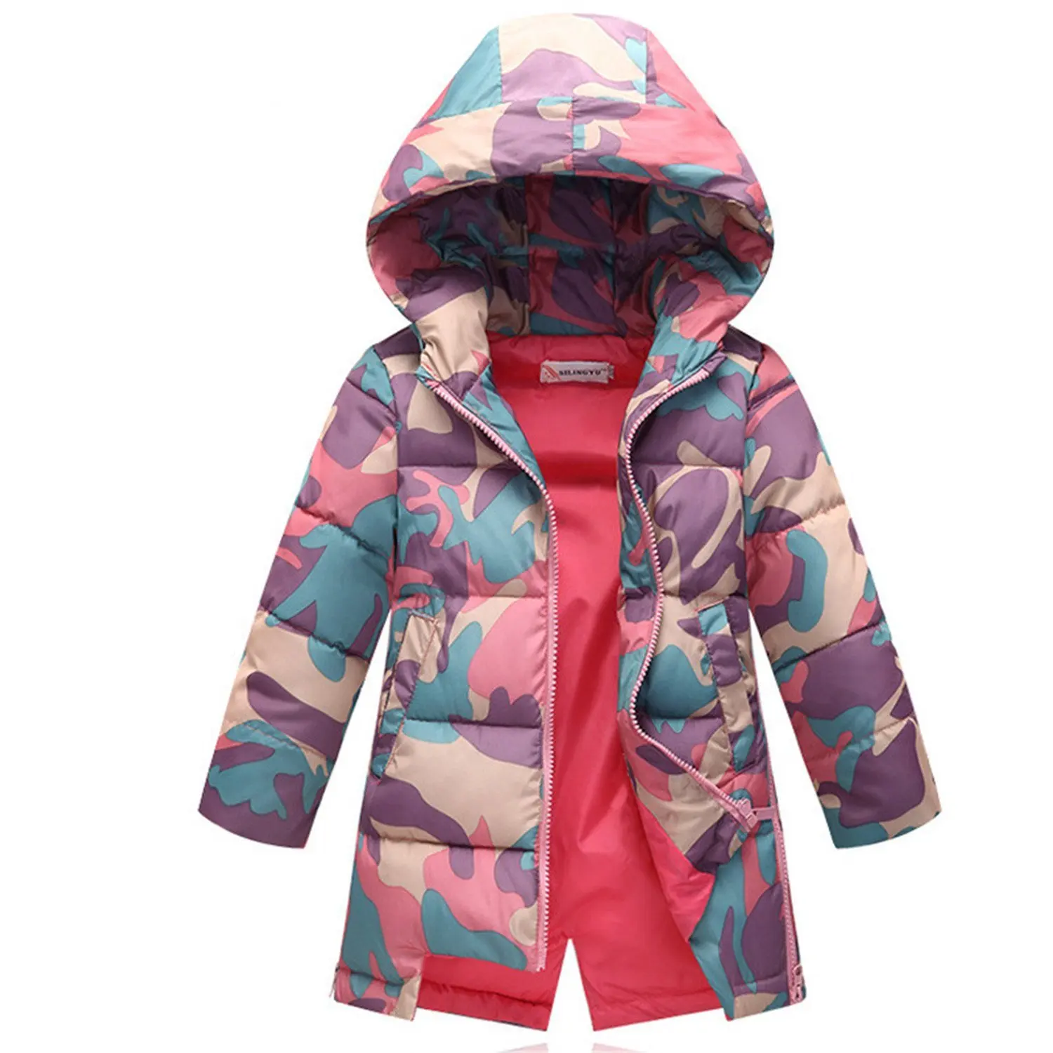 Baqijian Girls Parka Winter Coat Fur Kids Coat Baby Feather Parkas Teenagers Printing Camouflage Coat 5-12 T
