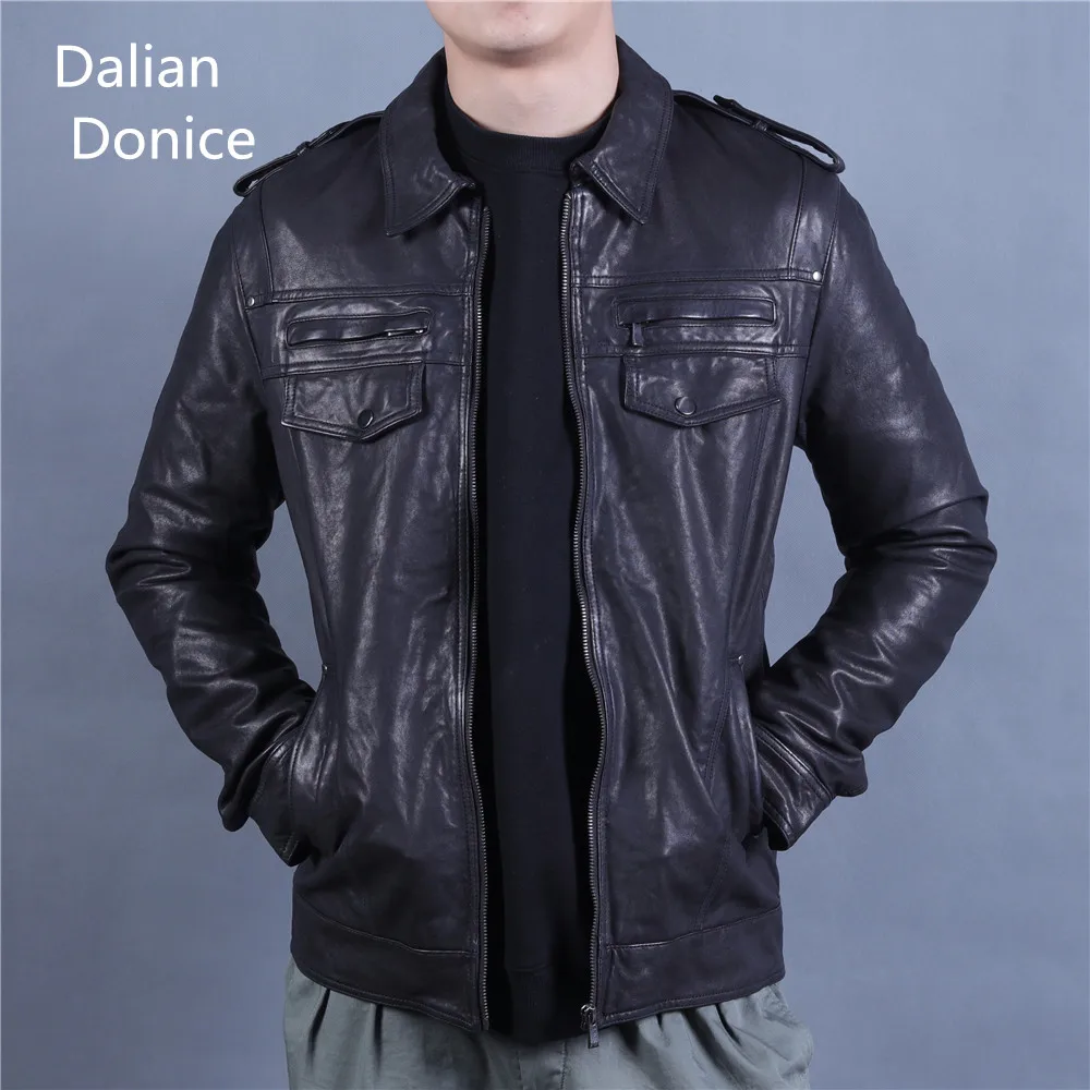 

Black Men'S Genuine Lamb Leather Biker Jacket, Black as picture, or customized color available