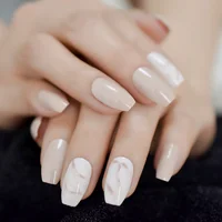 

Nude Ballerina Fake Nails Marble White Natural Tips Medium Size Coffin Shape False Ballet Fingernails L5166