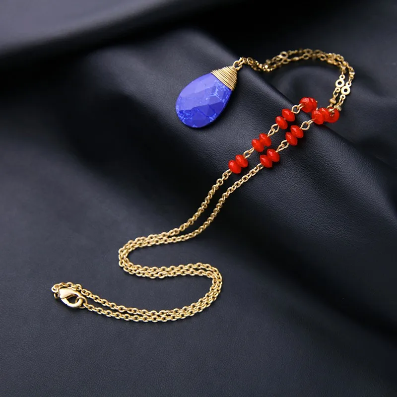 

xl00224a Red Acrylic Beads Purple Natural Gemstone Metal Chain Necklace, As picture