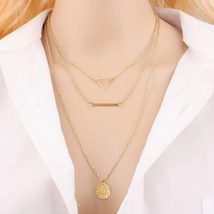 

Fancy Hollow-out triangle wide bar pendant necklace clavicle chain three layered necklace wholesale