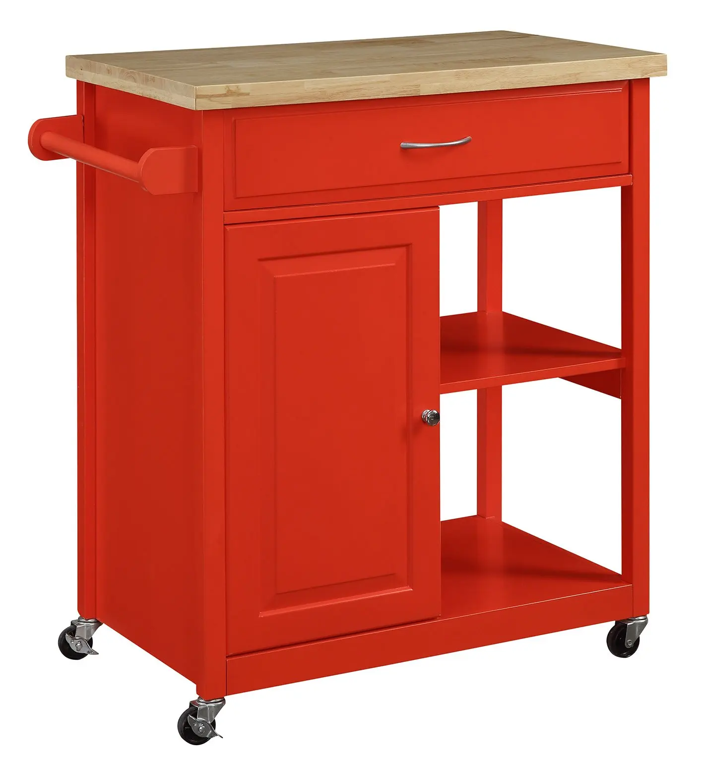 Oliver and Smith - Nashville Collection - Mobile Kitchen Island Cart on Wheels - Red - Natural Oak Butcher Block - 30" W x 18" L x 36" H