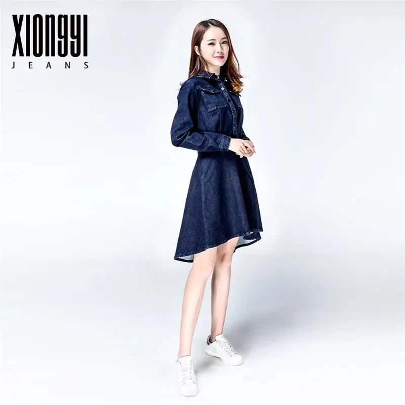 knee length dresses for ladies Plus Size Denim V Neck Korean Dress  Pluspreorder