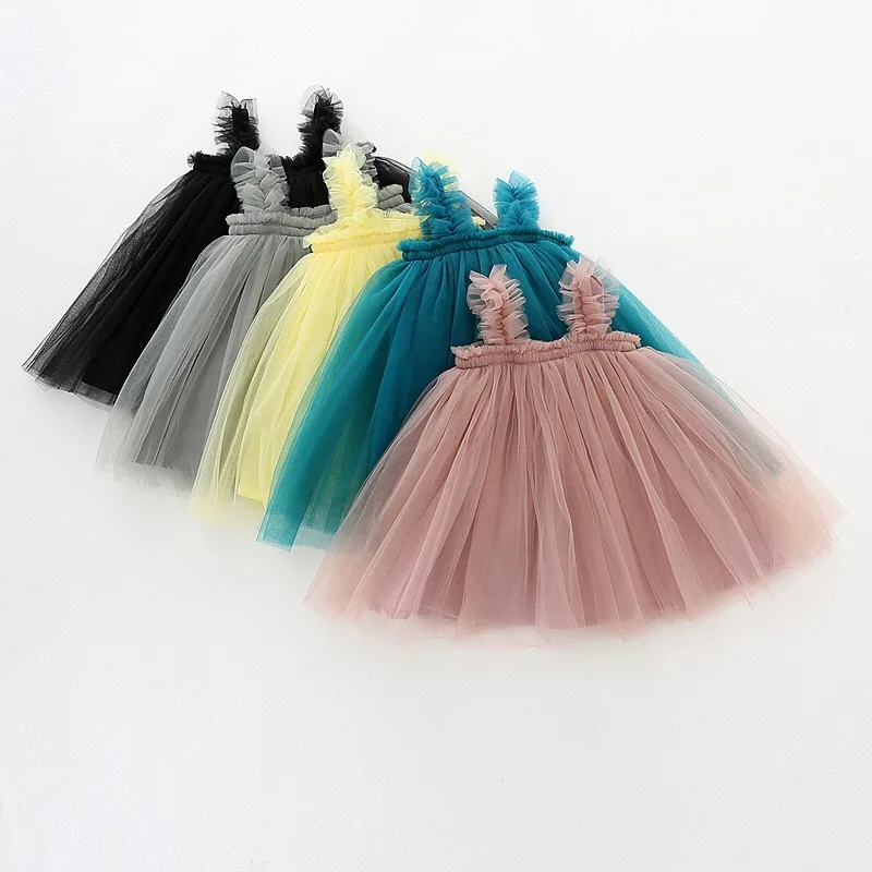 

Baby Girl Spaghetti Straps Tulle Dresses Kids Girls Sleeveless layered Party Dress Solid Color Casual Summer Dress, Picture shows
