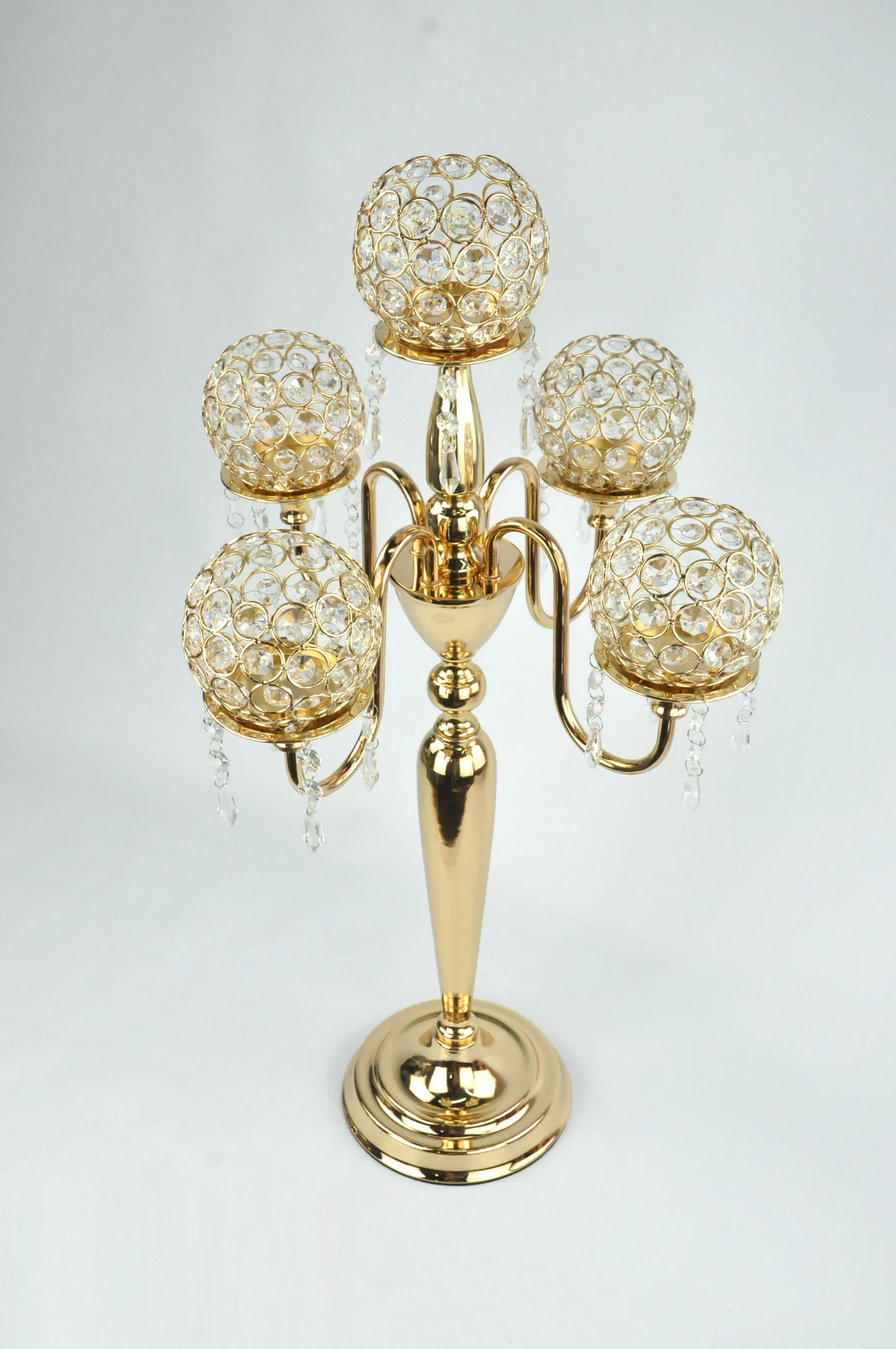 5 Arms Soft Gold Crystal Acrylic Candelabras Centerpiece For Wedding
