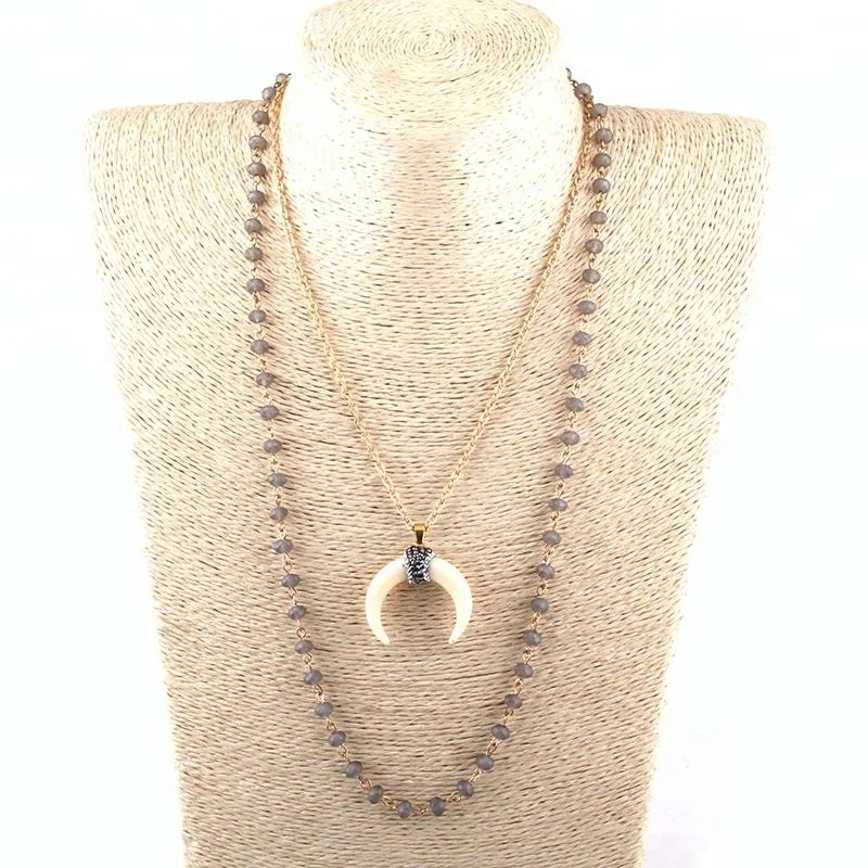

Fashion Women Rosary Chain Necklace Crystal Glass crescent Moon Charm Pendant Necklace Double Layer Necklace
