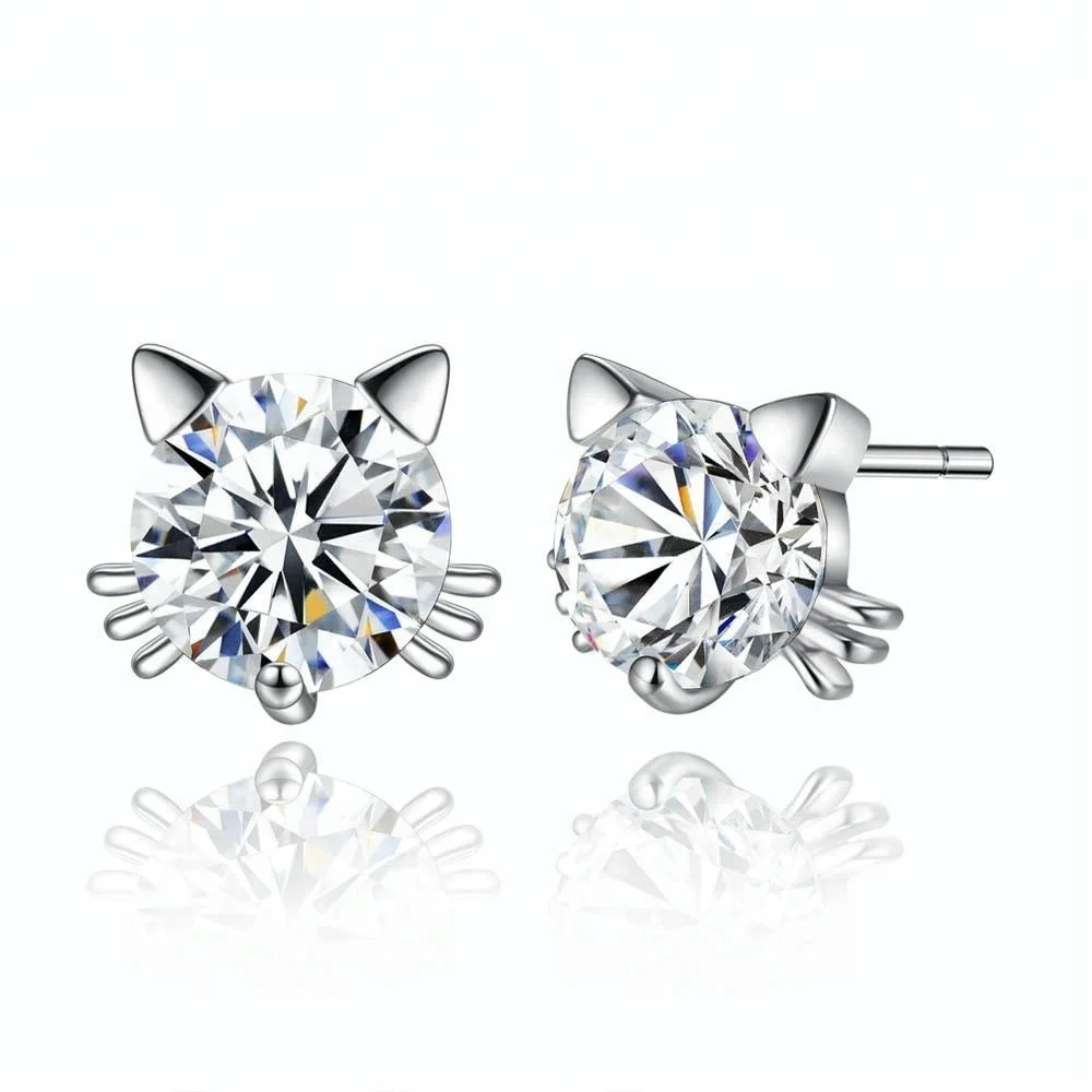 

Switzerland Jewelry Diamond Cat Elf Stud Earrings 925 Sterling Silver Jewelry 6 * 6 MM Cat Stud Earring, White