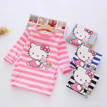 2016 outono Nova tarja vestido da menina olá kitty Bonito Dos Desenhos Animados padrão vestidos de algodão vestidos bolsos Laterais do vestido da menina meninas roupas