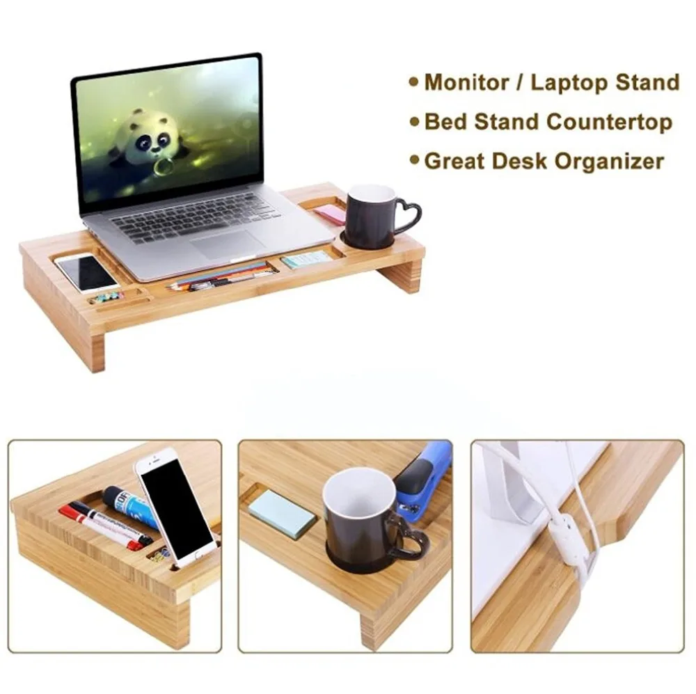 
Bamboo Monitor Stand Wood Computer Desktop Riser Shelf Organizer 