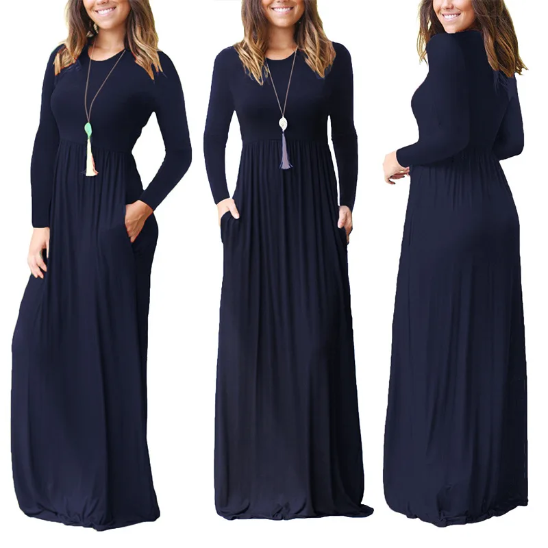 

CACRCS352 ladies clothing 2019 plain blue summer maxi dress long sleeve woman plus size maxi dresses casual, As showing, spring, fall autumn winter dress suit