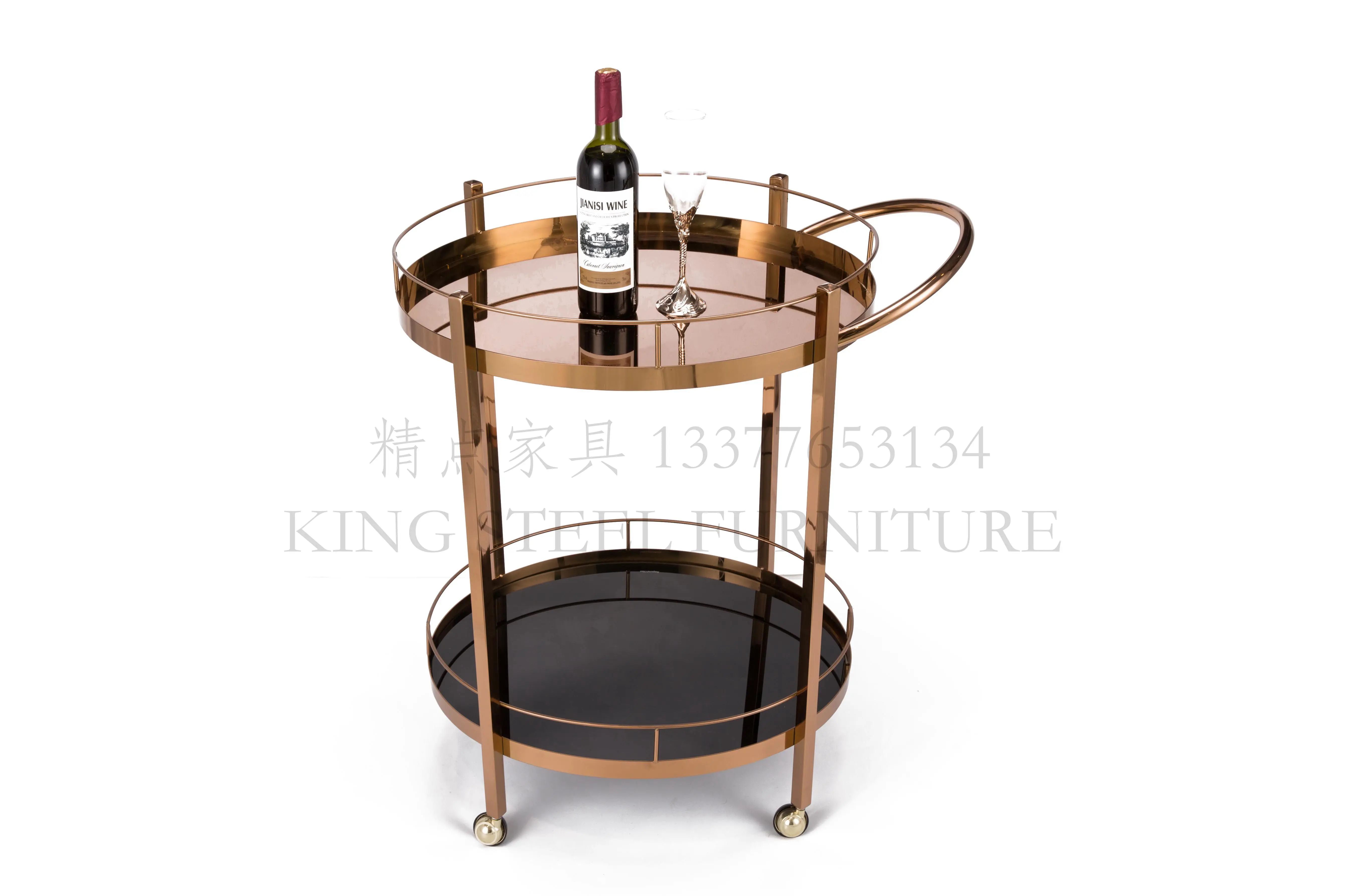 
Luxury liquor trolley rose gold with black glass service trolley for hotel restaurant Food Delivery Trolley oval 