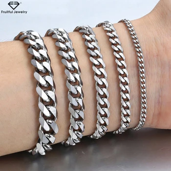 3-11mm custom Men's  Silver Stainless Steel  initial Bracelets  Curb Cuban Link Chain Bracelets For Men Women Wholesale Jewelry