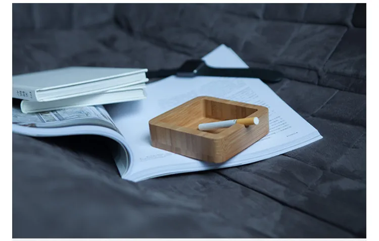 Portable Handmade Modern Custom Wood Square Shape Mini Bamboo  Indoor Stand Ashtray