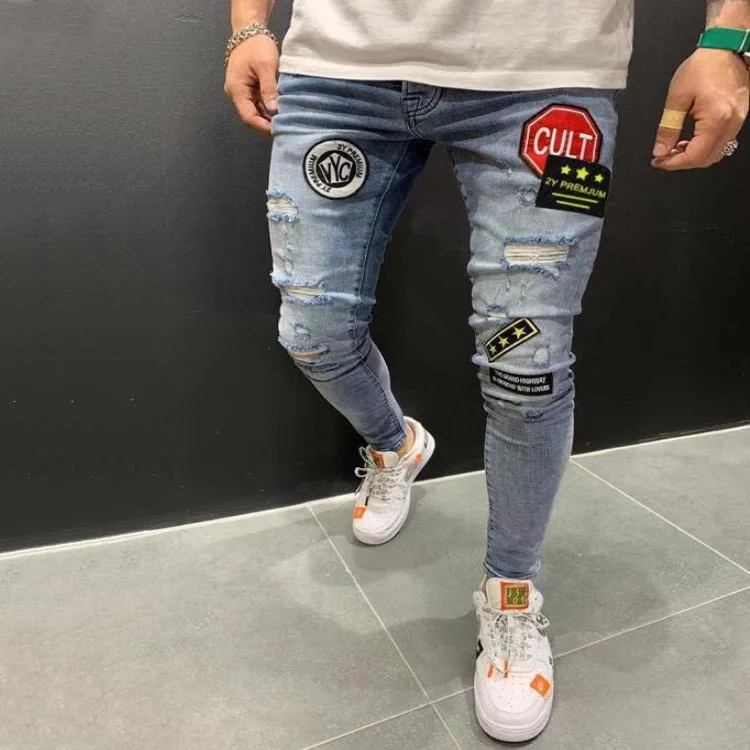 

streetwear badge jeans hip hop biker fashion elasticity male pants jogger patchs abkles slim trousers denim ripped destroyed, Picture color