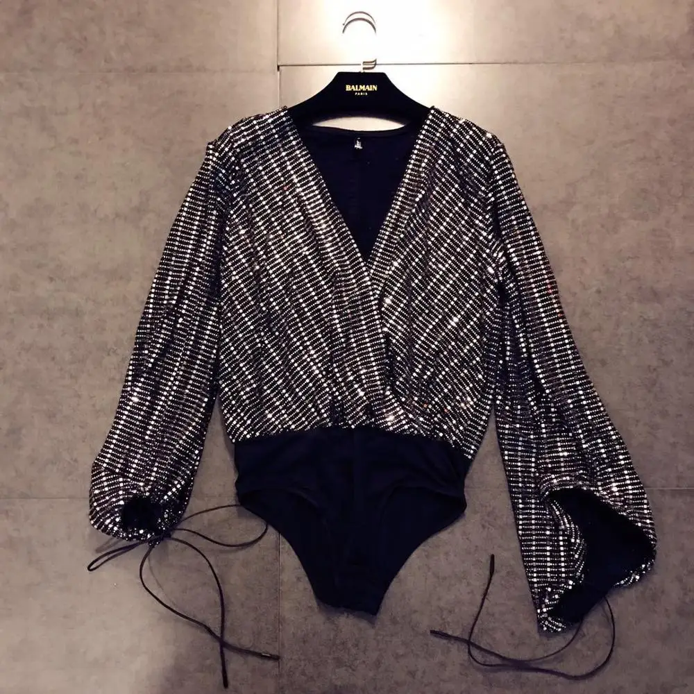 

Europe fashionable diamonds bling rhinestone V neck double layers cross Blouse sexy girls crystal party wear women ropa mujer, Picture