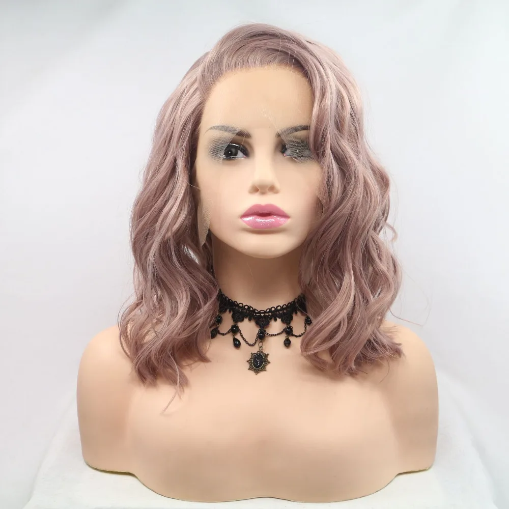 

Fantasy Beauty Dusty Rose Gold Bob Cut Short Wavy Heat Resistant Fiber Synthetic Lace Front Short Wigs For Women Replacement Wig, As picture