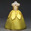 High quality web shopping long design elegant gold off-shoulder satin cheap flower girl dress