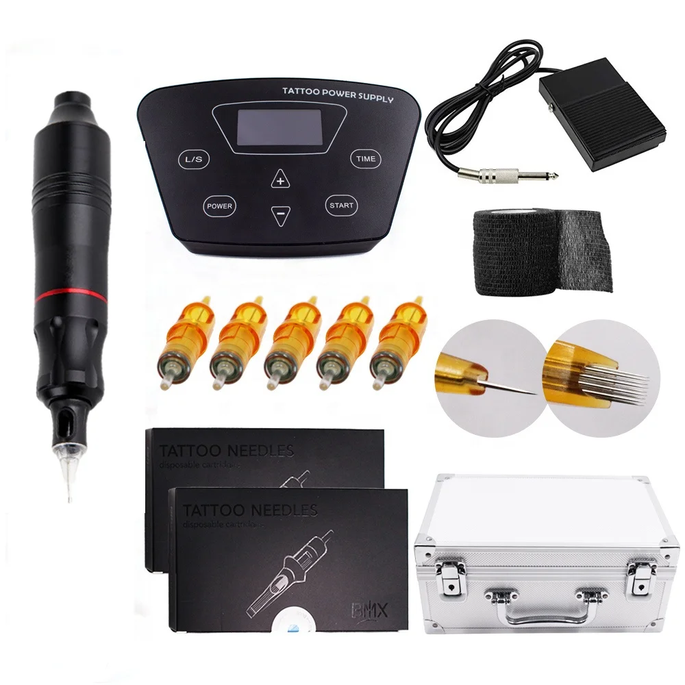 

OEM Dermografo Tattoo Machine Coils Rotary Professional Eyebrow Tattoo Machine Pen With Tattoo Cartridge Needles, Pen color: silver, red, gold, black. power supply color: black