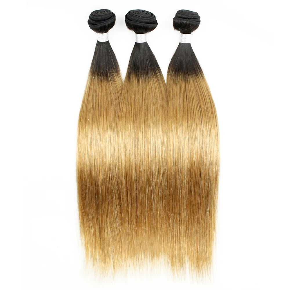 

Free Shipping Colored Brazilian Ombre Human Hair Straight T1b/27 Dark Roots Blond 3 Bundles with Lace Closure, 1b/27