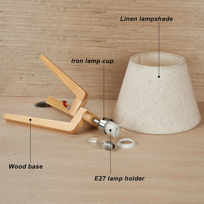 Modern Design Furniture Table Lamp Natural Wooden Rotatable Tripod Table Lamp Round Fabric Lampshade Uplight Desk Lamp