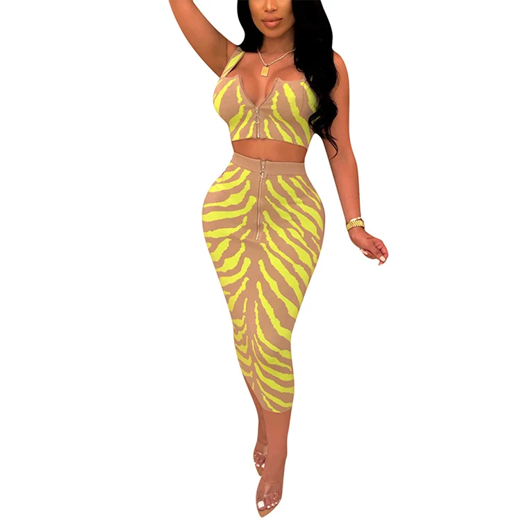 

New Listing Yellow Printed Waist High Front Zipper Sexy Bandage Bodycon Summer Dress Women, As shown bodycon dress