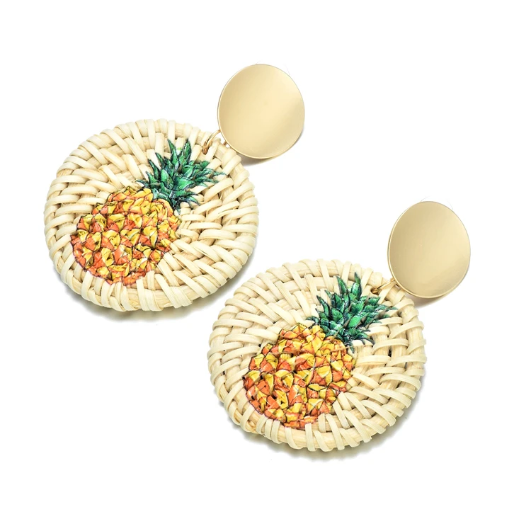 

Zinc Alloy Gold Plated Pineapple Pattern Round Rattan Earrings