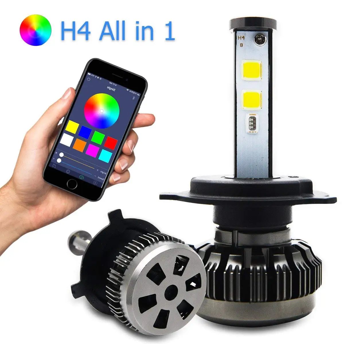 RGB Led Car Headlight Bulbs H4 Kit, Maso Adjustable Brightness Auto Headlight Bulbs 6000K-10000K 80W 8000LM Super White COB Chips Lamps with Smart App control Pack of 2 pcs