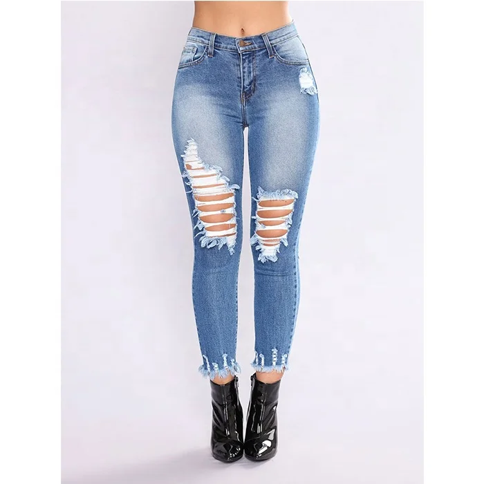 

Hot-Selling Personalized Solid Women Denim Hole Ripped Jean, Blue