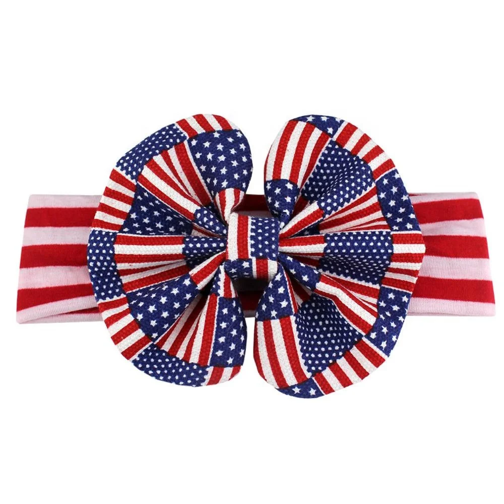 

Wholesale 5" Big Bow Elastic Headband American Flag Pattern Kids Girl DIY Star Hair Accessories Fashion Striped Baby Hairband, 4colors