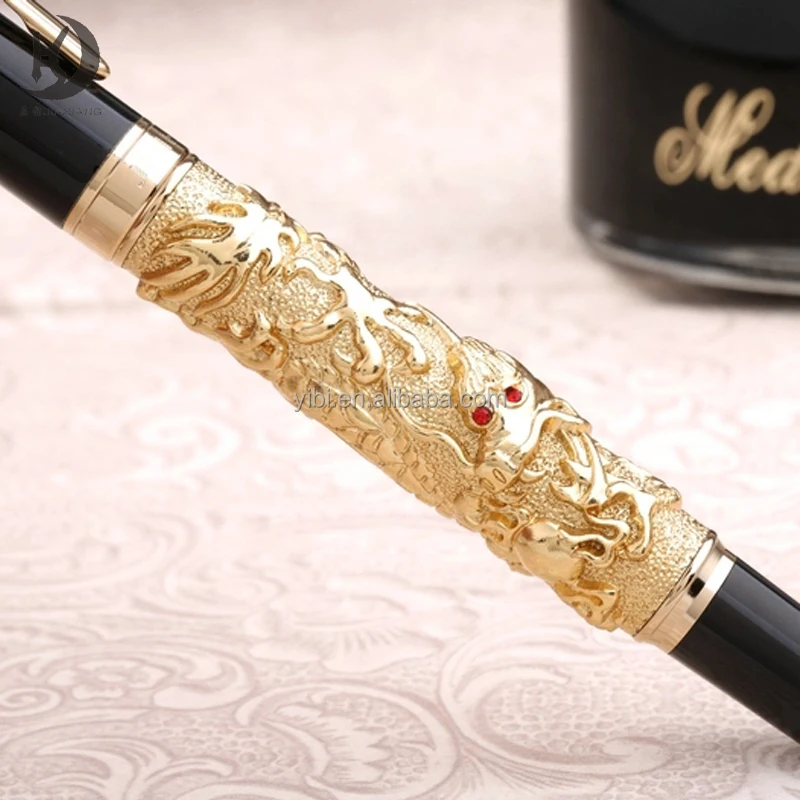 

Jinhao 8802 Chinese gift factory Silver grey Golden Auspicious Dragon and Black roller ballpoint signature Pen