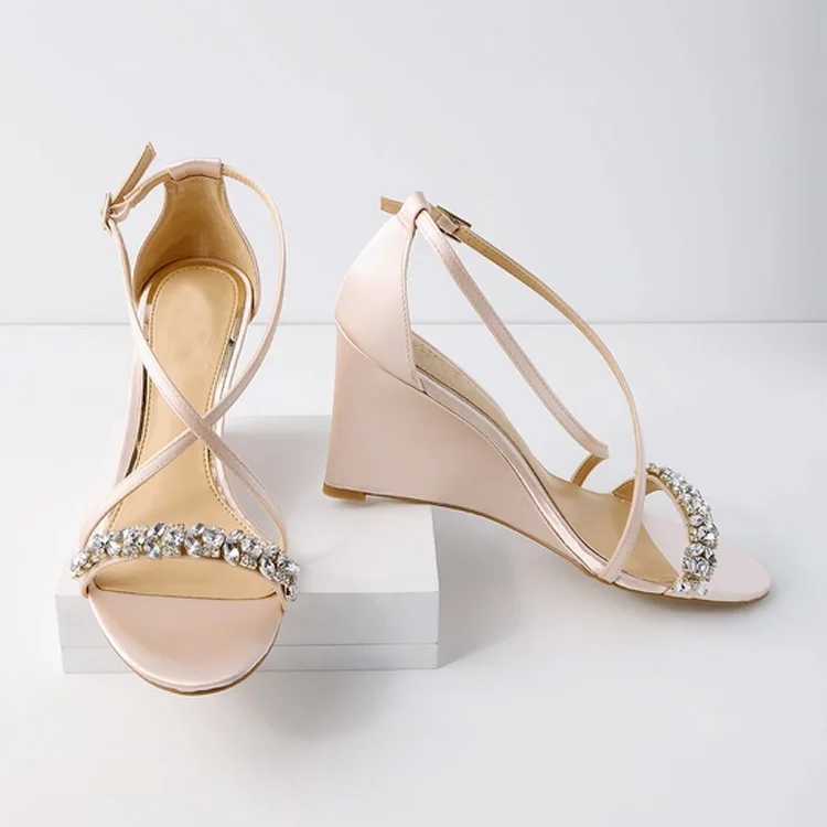 Satin Wedge Dress Sandals Diamond Wedding Shoes Women Dress Pumps