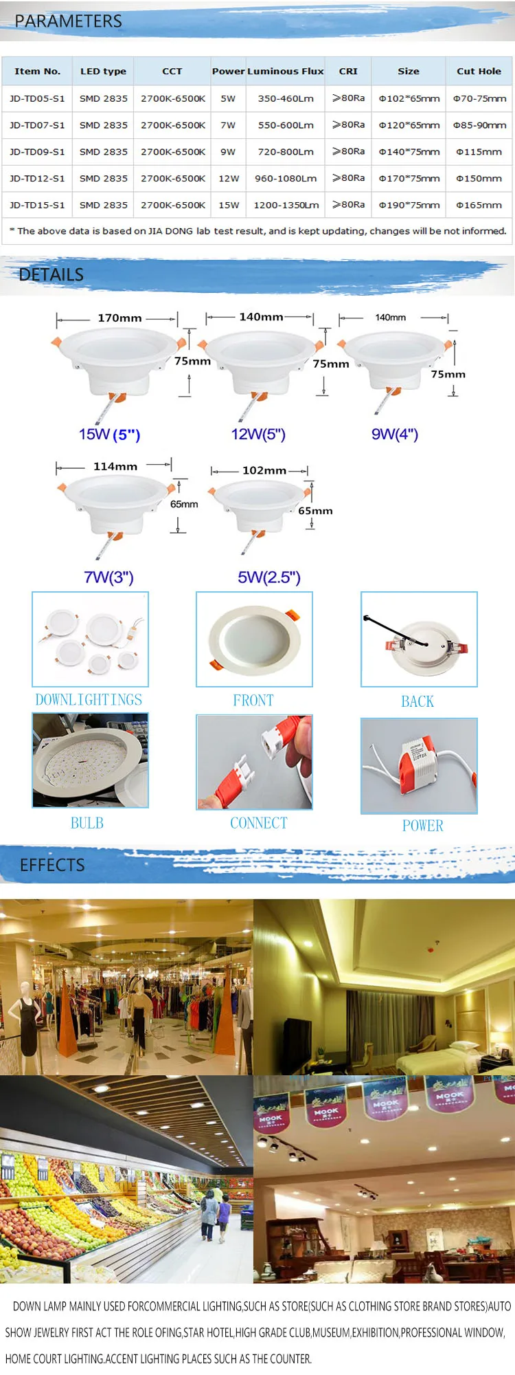 Foshan led lighting factory 7W smd recessed lights led downlights china