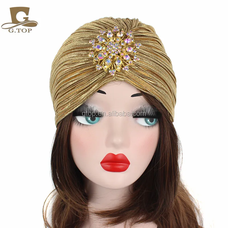 

New Fashion Ladies Gold Silver Diamond Jewel Turban Hats For Women Chemo Bandana Turbante Hat Hijab Pleated Indian Cap