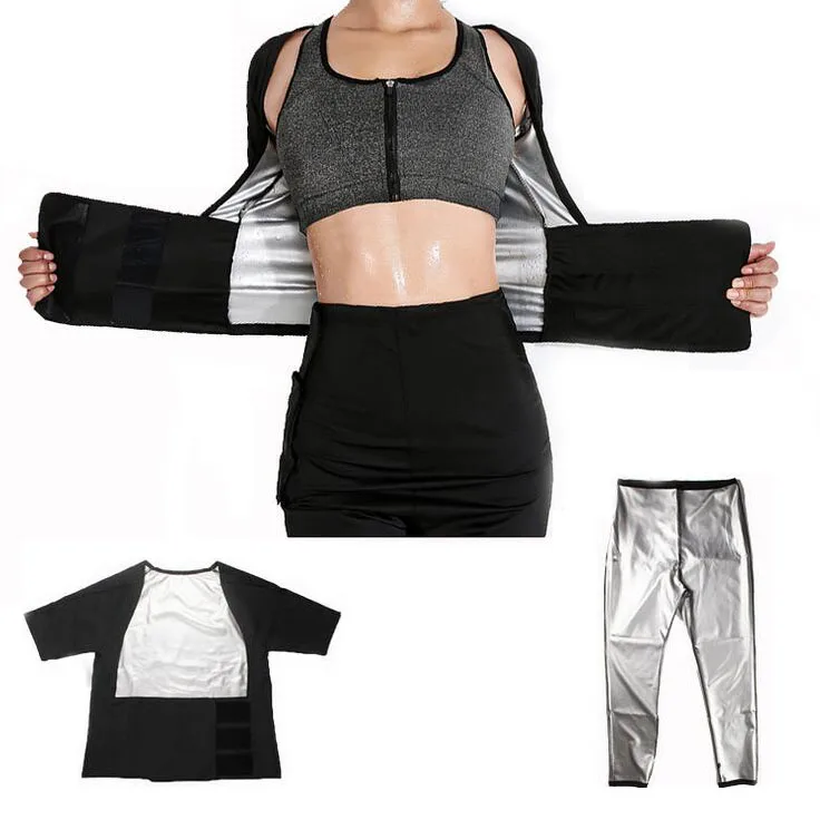 

Tummy Control Bodysuit Women Waist Trainer Shapewear Set Silver Coating Corset Slimming Body Shaper Sweat Sauna Suit SL039, Black