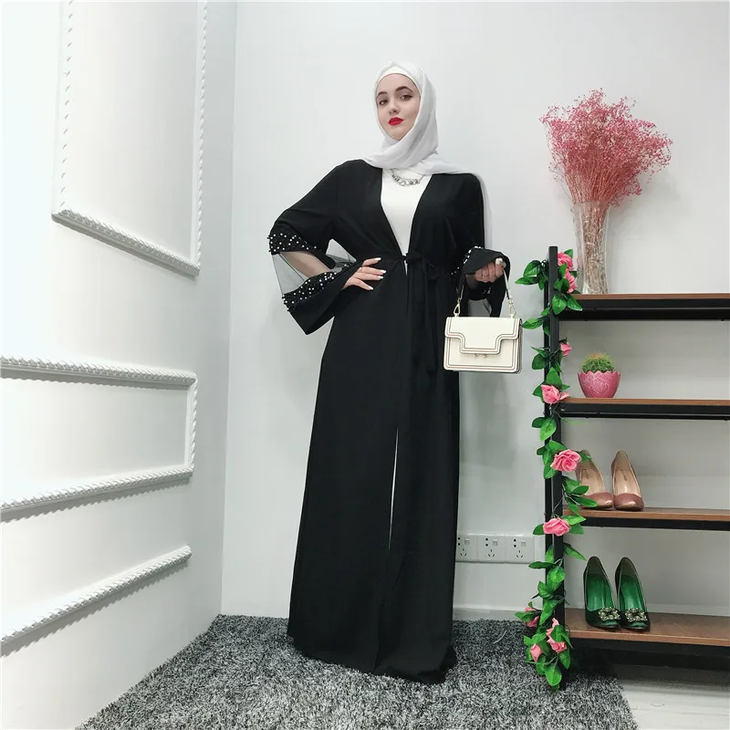 

Modern muslim women dress fashion pearl sleeves blackislamic clothing front open abaya, Black