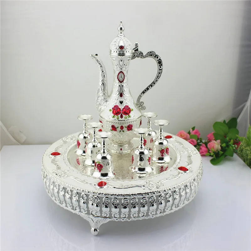 

Shinny Gifts Metal Silver Enamel Rose Design Wedding Decoration Gift Set Drinking Set