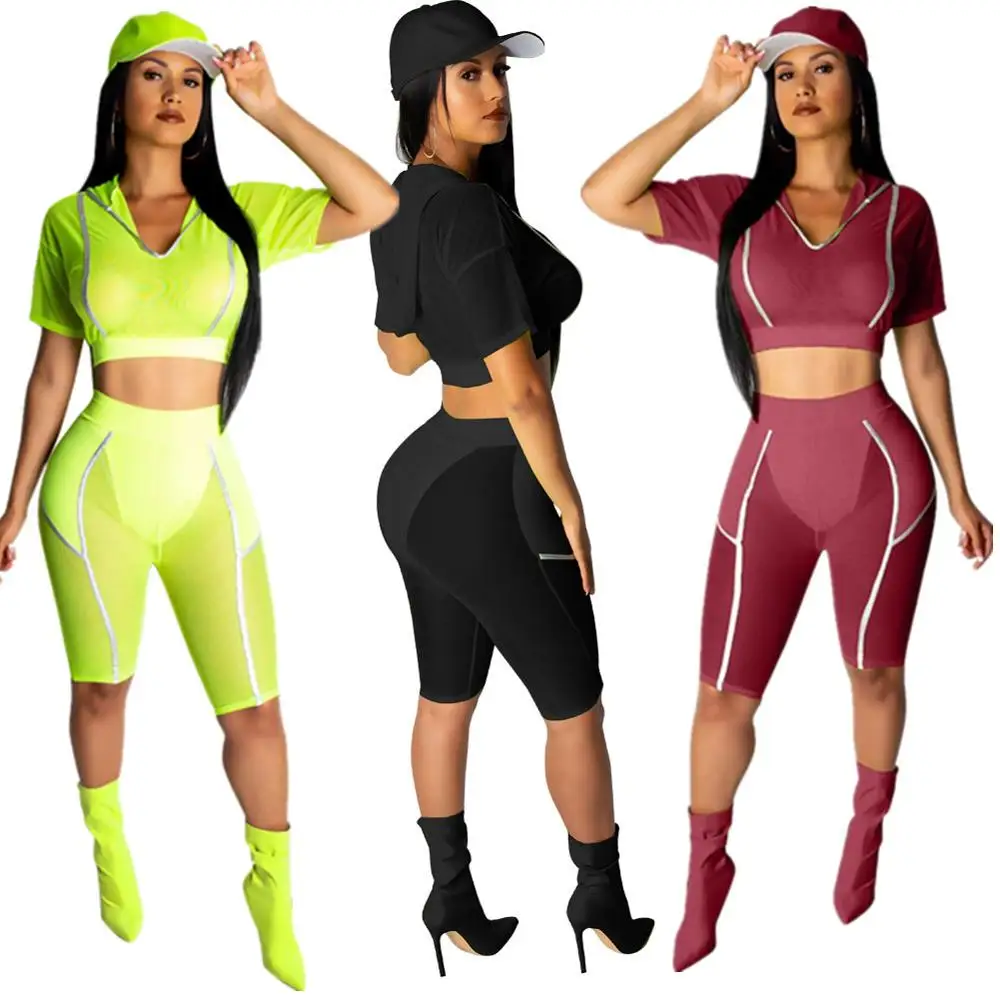 

Women's Two Piece Set Clothing Neon Fluorescence Hoodie Jumpsuits See Through Outfits 2 Piece Set Clothing Biker Short Sets, N/a