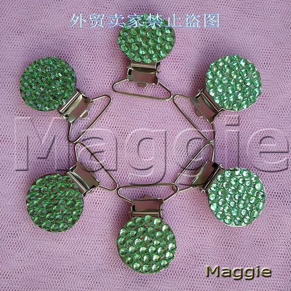 Free Shipping 6Pcs Bling green rhinestone pacifier Duckbill clips Dummy holder Teethers clothes clip baby soother