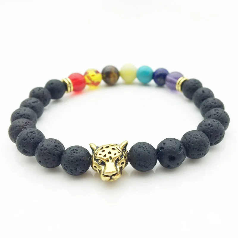 

GC-BC0012 Men Women Black Onyx Lava Rock Panther Leopard Charm seven 7 Chakra Crystal Meditation Yoga Bracelet