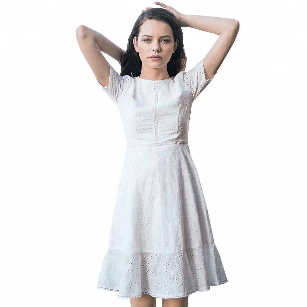 

New Dress Shopping Round Neck Splicing Tee Shirt Lace Mermaid Dress with Short Sleeves, White