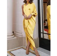 

Gray Wine Red Yellow Long Dress Sexy Side Split One Shoulder Wrap Irregular Women Formal Maxi Evening Party Dress Elegant