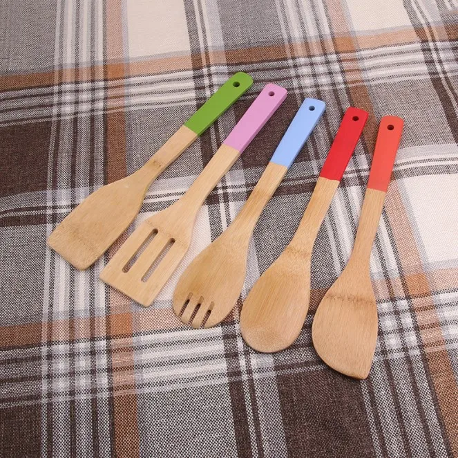 Natural Bamboo Kitchen Utensils Sets With Color Handle Buy Kitchen