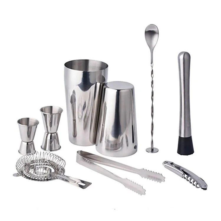 2018 Amazon Hot Sale New Product Stainless Steel 9PCS Boston Cocktail Shaker Bar Tool Set Bar Supplies