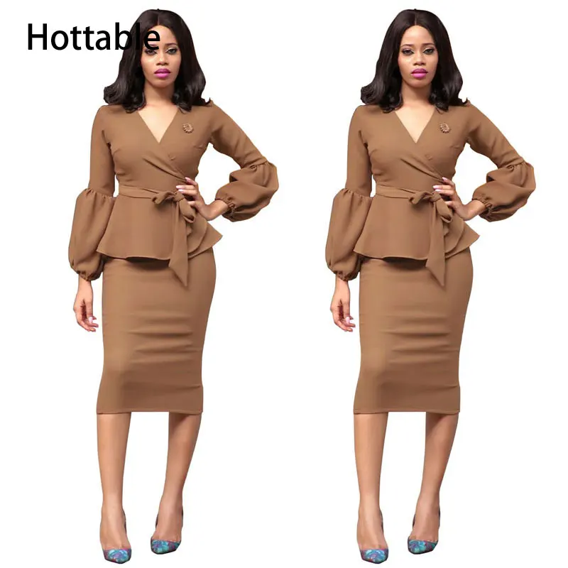 Puff Long Sleeve Bodycon Office Hip Package Pencil Midi Dresses A327