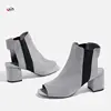Little Girls Fashional Sexy Grey Textile Wide Fit Open Toe Dip Chelsea Boots High Block Heel No Lace Boots