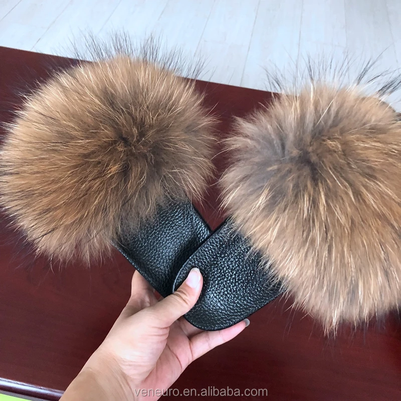 

Custom Real Raccoon Fur Slides Female Fashion Natural Color Genuine Raccoon Fur Slippers Women, Customized color