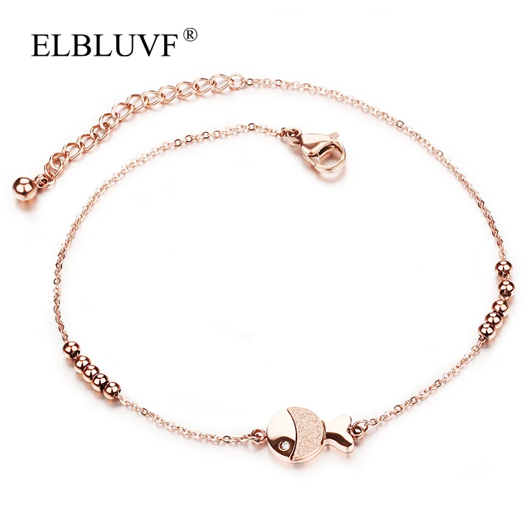 

ELBLUVF Free Shipping Stainless Steel Jewelry Rose Gold Plated Cute Cartoon Fish Shape Ball Chain Anklet